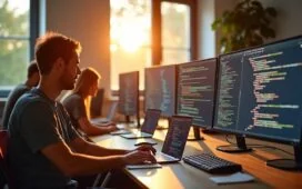 In einem hell erleuchteten, modernen Arbeitsraum arbeiten mehrere Webentwickler konzentriert zusammen an Laptops und großen Bildschirmen, auf denen klar strukturierte Code-Module und Diagramme zu sehen sind, während die warme Nachmittagssonne durch große Fenster fällt und eine freundliche, kollaborative Atmosphäre schafft.