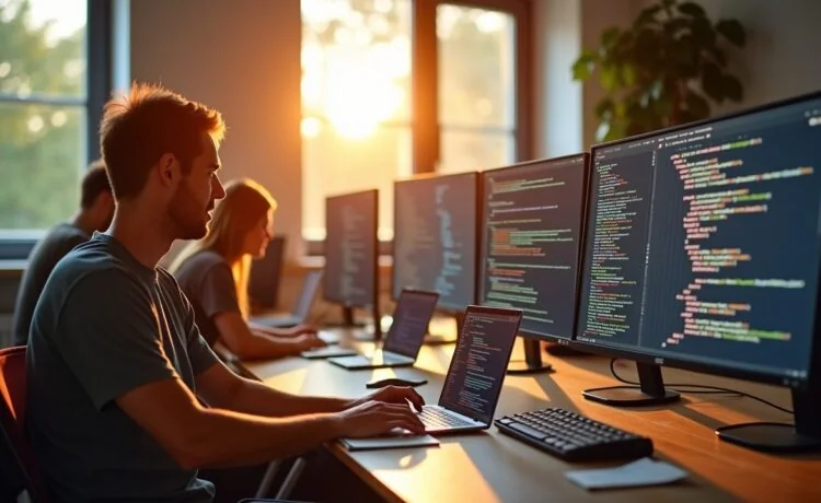 In einem hell erleuchteten, modernen Arbeitsraum arbeiten mehrere Webentwickler konzentriert zusammen an Laptops und großen Bildschirmen, auf denen klar strukturierte Code-Module und Diagramme zu sehen sind, während die warme Nachmittagssonne durch große Fenster fällt und eine freundliche, kollaborative Atmosphäre schafft.