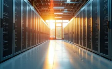 Ein sonnendurchfluteter, moderner IT-Serverraum mit klar angeordneten, energieeffizienten Serverracks, in dem warmes Tageslicht durch große Fenster fällt und die smarte, nachhaltige Infrastruktur eines umweltbewussten Rechenzentrums sichtbar wird – eine harmonische Verbindung aus Technologie und grüner Zukunft.