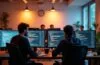 Ein warm beleuchtetes, modernes Entwicklerbüro mit konzentrierten Programmierern vor großen Bildschirmen, die gemeinsam an komplexem Code arbeiten, umrahmt von natürlichen Tageslichtstrahlen und klarer, einladender Atmosphäre.