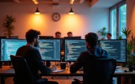 Ein warm beleuchtetes, modernes Entwicklerbüro mit konzentrierten Programmierern vor großen Bildschirmen, die gemeinsam an komplexem Code arbeiten, umrahmt von natürlichen Tageslichtstrahlen und klarer, einladender Atmosphäre.