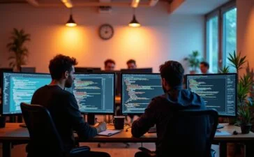 Ein warm beleuchtetes, modernes Entwicklerbüro mit konzentrierten Programmierern vor großen Bildschirmen, die gemeinsam an komplexem Code arbeiten, umrahmt von natürlichen Tageslichtstrahlen und klarer, einladender Atmosphäre.