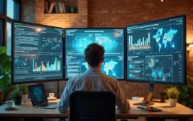 Ein heller, natürlicher Büroarbeitsplatz mit einem fokussierten jungen Entwickler, umgeben von modernen Bildschirmen, die komplexe KI-Daten und Streaming-Inhalte zeigen, in warmem Tageslicht, das eine aufgeschlossene und innovative Atmosphäre vermittelt.