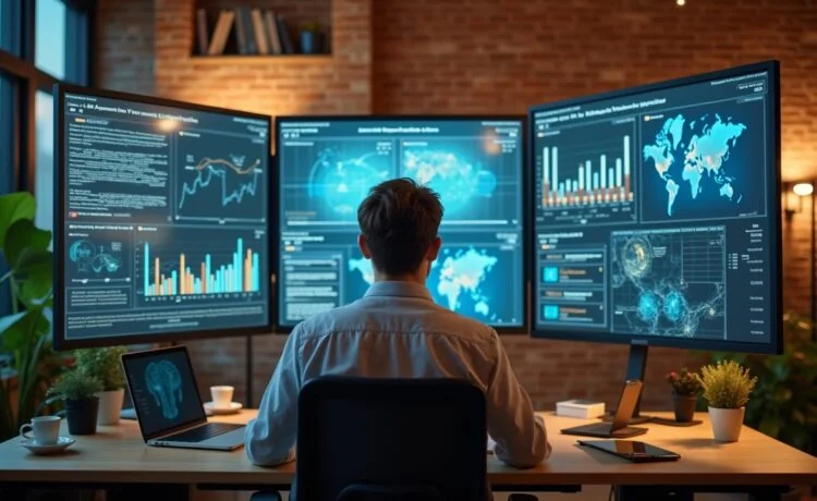 Ein heller, natürlicher Büroarbeitsplatz mit einem fokussierten jungen Entwickler, umgeben von modernen Bildschirmen, die komplexe KI-Daten und Streaming-Inhalte zeigen, in warmem Tageslicht, das eine aufgeschlossene und innovative Atmosphäre vermittelt.