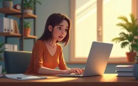 Eine warme, helle Büroszene im natürlichen Tageslicht, in der eine konzentrierte junge Frau am Schreibtisch vor einem modernen Laptop sitzt und mit sorgenvoller, aber entschlossener Miene eine Phishing-E-Mail aufmerksam prüft, umgeben von zurückhaltend gestalteten Alltagsgegenständen, die eine authentische Arbeitsatmosphäre schaffen.