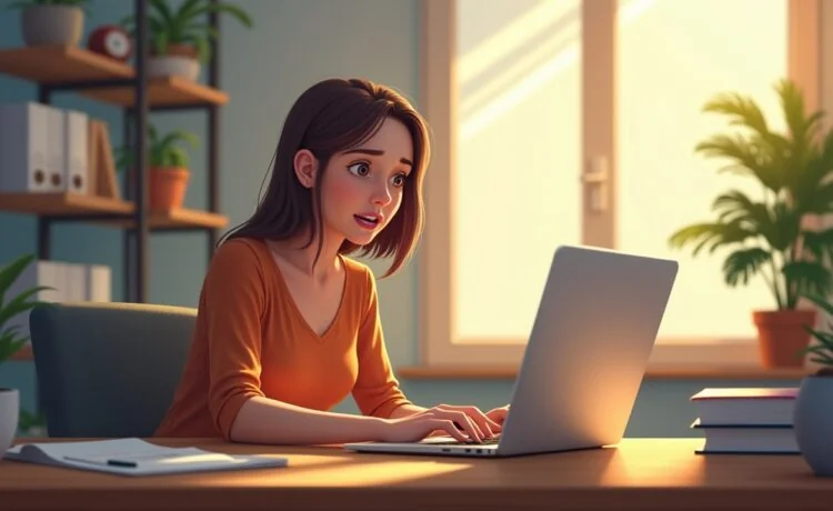 Eine warme, helle Büroszene im natürlichen Tageslicht, in der eine konzentrierte junge Frau am Schreibtisch vor einem modernen Laptop sitzt und mit sorgenvoller, aber entschlossener Miene eine Phishing-E-Mail aufmerksam prüft, umgeben von zurückhaltend gestalteten Alltagsgegenständen, die eine authentische Arbeitsatmosphäre schaffen.