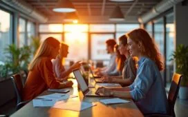 In einem modernen Büro mit warmem Tageslicht arbeitet ein dynamisches, interdisziplinäres Team engagiert an digitalen Projekten, während Technik und menschliche Kreativität harmonisch ineinandergreifen und eine Atmosphäre von Offenheit, Innovation und Zukunftsideen schaffen.