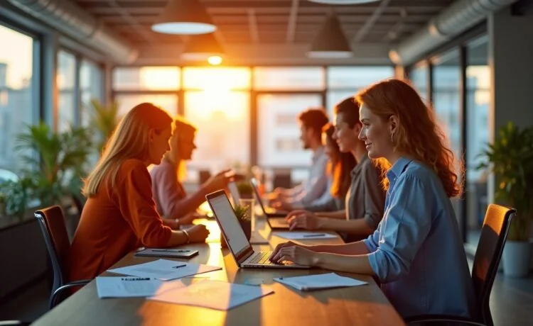 In einem modernen Büro mit warmem Tageslicht arbeitet ein dynamisches, interdisziplinäres Team engagiert an digitalen Projekten, während Technik und menschliche Kreativität harmonisch ineinandergreifen und eine Atmosphäre von Offenheit, Innovation und Zukunftsideen schaffen.