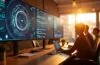 Ein hell erleuchtetes, modernes Büro mit entspannt lächelnden Menschen vor großen Bildschirmen, die digitale Kunstwerke und Blockchain-Diagramme betrachten, während warme Sonnenstrahlen durch das Fenster fallen und eine Atmosphäre von optimistischer Aufbruchsstimmung und reflektierendem Neuanfang schaffen.