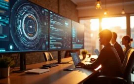 Ein hell erleuchtetes, modernes Büro mit entspannt lächelnden Menschen vor großen Bildschirmen, die digitale Kunstwerke und Blockchain-Diagramme betrachten, während warme Sonnenstrahlen durch das Fenster fallen und eine Atmosphäre von optimistischer Aufbruchsstimmung und reflektierendem Neuanfang schaffen.