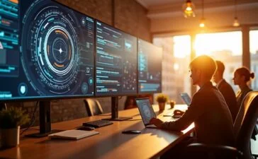 Ein hell erleuchtetes, modernes Büro mit entspannt lächelnden Menschen vor großen Bildschirmen, die digitale Kunstwerke und Blockchain-Diagramme betrachten, während warme Sonnenstrahlen durch das Fenster fallen und eine Atmosphäre von optimistischer Aufbruchsstimmung und reflektierendem Neuanfang schaffen.