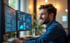 In einem modernen Büro mit warmem, natürlichen Licht sitzt ein konzentrierter IT-Administrator vor mehreren Bildschirmen, die komplexe Netzwerkdiagramme und Sicherheitsupdates zeigen, während ein sanftes Lächeln von Zufriedenheit und Erleichterung seine Gesichtszüge erhellt – ein beruhigendes Sinnbild für digitalen Schutz und schnelle Reaktion auf kritische Sicherheitslücken.