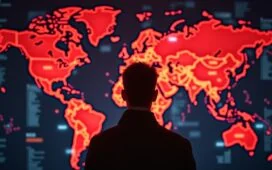 Ein helles, stimmungsvoll ausgeleuchtetes redaktionelles Porträt eines nachdenklichen IT-Sicherheitsanalysten vor mehreren transparent angedeuteten digitalen Karten und Weltzeit-Uhrgrafiken, das die komplexe Spannung und globale Vernetzung im Cyberkonflikt zwischen China und den USA mit warmer, einladender Atmosphäre visualisiert.