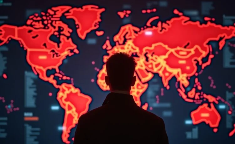 Ein helles, stimmungsvoll ausgeleuchtetes redaktionelles Porträt eines nachdenklichen IT-Sicherheitsanalysten vor mehreren transparent angedeuteten digitalen Karten und Weltzeit-Uhrgrafiken, das die komplexe Spannung und globale Vernetzung im Cyberkonflikt zwischen China und den USA mit warmer, einladender Atmosphäre visualisiert.