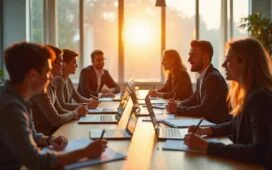 Ein natürlich beleuchtetes, helles und freundliches Büro mit einem vielfältigen Team aus Fachleuten in intensiver, respektvoller Diskussion über ethische Fragen der KI, das Vertrauen, Offenheit und gegenseitigen Respekt in einem modernen, warmen Ambiente ausstrahlt.