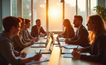 Ein natürlich beleuchtetes, helles und freundliches Büro mit einem vielfältigen Team aus Fachleuten in intensiver, respektvoller Diskussion über ethische Fragen der KI, das Vertrauen, Offenheit und gegenseitigen Respekt in einem modernen, warmen Ambiente ausstrahlt.