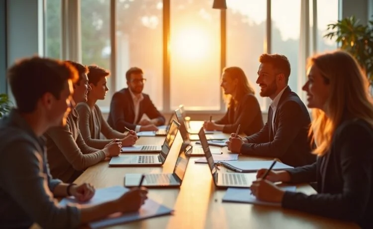 Ein natürlich beleuchtetes, helles und freundliches Büro mit einem vielfältigen Team aus Fachleuten in intensiver, respektvoller Diskussion über ethische Fragen der KI, das Vertrauen, Offenheit und gegenseitigen Respekt in einem modernen, warmen Ambiente ausstrahlt.