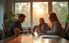 Ein hell erleuchtetes, modernes Büro mit freundlichen Mitarbeitenden, die konzentriert an Laptops zusammenarbeiten, umgeben von warmem Tageslicht und natürlicher Bürodekoration, die die Balance zwischen technologischer Vernetzung und digitaler Selbstbestimmung in Europa widerspiegelt.