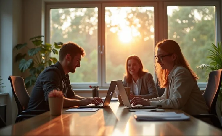 Ein hell erleuchtetes, modernes Büro mit freundlichen Mitarbeitenden, die konzentriert an Laptops zusammenarbeiten, umgeben von warmem Tageslicht und natürlicher Bürodekoration, die die Balance zwischen technologischer Vernetzung und digitaler Selbstbestimmung in Europa widerspiegelt.