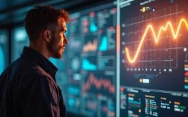 Ein strahlendes, realistisch eingefangenes Porträt eines engagierten NASA-Ingenieurs vor einem großflächigen Bildschirm mit komplexen Raumfahrtdaten, das in warmes Tageslicht getaucht ist und die lebendige Atmosphäre von offener Innovation und kollaborativem Forschergeist vermittelt.
