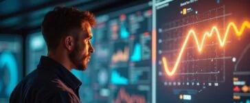 Ein strahlendes, realistisch eingefangenes Porträt eines engagierten NASA-Ingenieurs vor einem großflächigen Bildschirm mit komplexen Raumfahrtdaten, das in warmes Tageslicht getaucht ist und die lebendige Atmosphäre von offener Innovation und kollaborativem Forschergeist vermittelt.