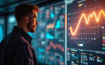 Ein strahlendes, realistisch eingefangenes Porträt eines engagierten NASA-Ingenieurs vor einem großflächigen Bildschirm mit komplexen Raumfahrtdaten, das in warmes Tageslicht getaucht ist und die lebendige Atmosphäre von offener Innovation und kollaborativem Forschergeist vermittelt.
