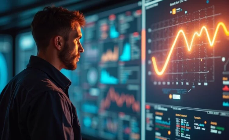 Ein strahlendes, realistisch eingefangenes Porträt eines engagierten NASA-Ingenieurs vor einem großflächigen Bildschirm mit komplexen Raumfahrtdaten, das in warmes Tageslicht getaucht ist und die lebendige Atmosphäre von offener Innovation und kollaborativem Forschergeist vermittelt.