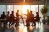 In einem hell erleuchteten, modernen Büro mit bodentiefen Fenstern diskutiert ein multikulturelles Team engagiert über digitale Vernetzung und innovative Cloud-Technologien, während warme Sonnenstrahlen optimistisch die offene Arbeitsatmosphäre erfüllen.