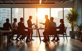 In einem hell erleuchteten, modernen Büro mit bodentiefen Fenstern diskutiert ein multikulturelles Team engagiert über digitale Vernetzung und innovative Cloud-Technologien, während warme Sonnenstrahlen optimistisch die offene Arbeitsatmosphäre erfüllen.