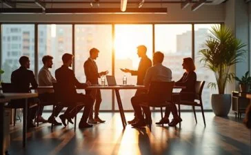 In einem hell erleuchteten, modernen Büro mit bodentiefen Fenstern diskutiert ein multikulturelles Team engagiert über digitale Vernetzung und innovative Cloud-Technologien, während warme Sonnenstrahlen optimistisch die offene Arbeitsatmosphäre erfüllen.