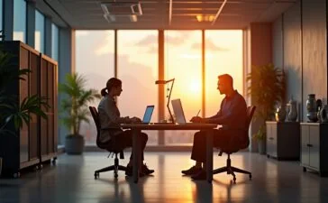 Ein modernes, hell erleuchtetes Büro mit zwei IT-Profis in entspannter Atmosphäre, die an Laptops arbeiten und dabei lebhaft über offene Virtualisierungslösungen diskutieren, umgeben von dezentem Server-Equipment und warmem Tageslicht, das eine einladende und zukunftsorientierte Stimmung vermittelt.