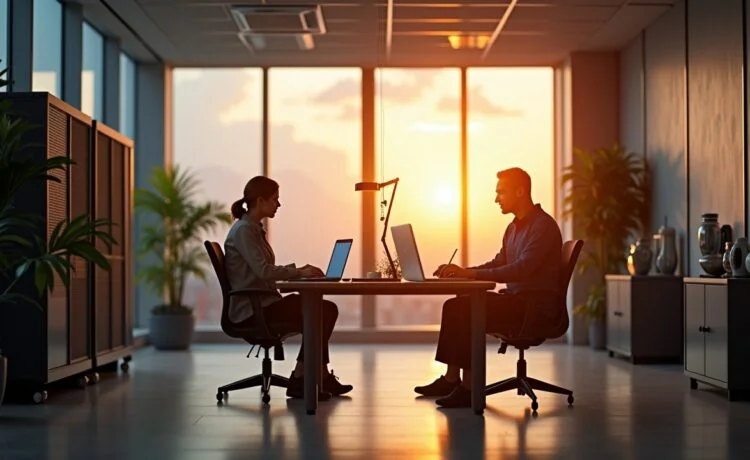 Ein modernes, hell erleuchtetes Büro mit zwei IT-Profis in entspannter Atmosphäre, die an Laptops arbeiten und dabei lebhaft über offene Virtualisierungslösungen diskutieren, umgeben von dezentem Server-Equipment und warmem Tageslicht, das eine einladende und zukunftsorientierte Stimmung vermittelt.