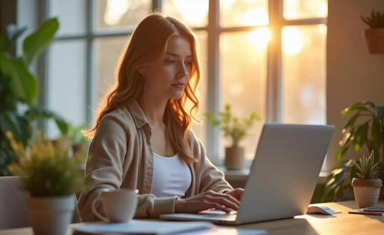 Eine warme, sonnendurchflutete Büroszene mit entspannter Atmosphäre, in der eine sympathische junge Frau konzentriert und offen an einem Laptop arbeitet, umgeben von modernen, dezenten Technologie-Accessoires und sanften Farben, die Hoffnung auf neue Freiheiten und verantwortungsbewussten Fortschritt im Bereich Künstlicher Intelligenz ausstrahlen.