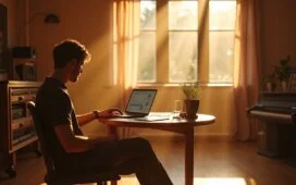 Ein sonnendurchflutetes, modernes Tonstudio mit einem konzentrierten Musiker, der entspannt vor einem Mischpult und einem Laptop sitzt, das helle Tageslicht betont warme Holzakzente und symbolisiert kreative Zusammenarbeit zwischen Mensch und KI.