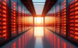 Ein warm beleuchteter, moderner Rechenzentrumssaal mit endlosen Reihen glänzender GPU-Module, in dem das diffuse Tageslicht sanft durch große Fenster fällt und die futuristische Technik in einem hellen, einladenden Ambiente in Szene setzt.