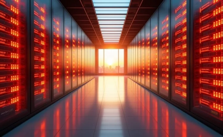 Ein warm beleuchteter, moderner Rechenzentrumssaal mit endlosen Reihen glänzender GPU-Module, in dem das diffuse Tageslicht sanft durch große Fenster fällt und die futuristische Technik in einem hellen, einladenden Ambiente in Szene setzt.
