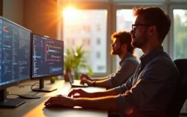 In einem hell erleuchteten, modernen Büro fokussiert ein engagiertes DevOps-Team in entspannter Atmosphäre konzentriert auf mehrere Bildschirme mit komplexen Kubernetes-Dashboards, während warme Sonnenstrahlen durch große Fenster hereinfallen und so eine freundliche, produktive Stimmung schaffen.