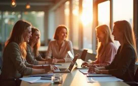 Ein lichtdurchflutetes, modernes Büro mit entspannt lächelnden, international zusammengesetzten Tech-Expert:innen in legerer Businesskleidung, die gemeinsam an innovativen KI-Projekten arbeiten und dabei eine offene, kreative Zusammenarbeit in warmem, natürlichem Tageslicht genießen.