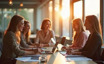 Ein lichtdurchflutetes, modernes Büro mit entspannt lächelnden, international zusammengesetzten Tech-Expert:innen in legerer Businesskleidung, die gemeinsam an innovativen KI-Projekten arbeiten und dabei eine offene, kreative Zusammenarbeit in warmem, natürlichem Tageslicht genießen.