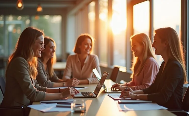 Ein lichtdurchflutetes, modernes Büro mit entspannt lächelnden, international zusammengesetzten Tech-Expert:innen in legerer Businesskleidung, die gemeinsam an innovativen KI-Projekten arbeiten und dabei eine offene, kreative Zusammenarbeit in warmem, natürlichem Tageslicht genießen.