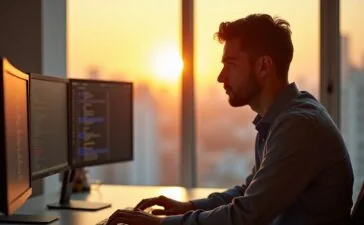 Ein hell erleuchteter, moderner Arbeitsplatz mit einem professionell gekleideten IT-Spezialisten, der konzentriert an mehreren Bildschirmen arbeitet, während warme Sonnenstrahlen durch ein großes Fenster fallen und eine Atmosphäre von Sicherheit und Zuversicht schaffen.