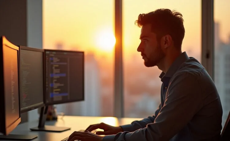 Ein hell erleuchteter, moderner Arbeitsplatz mit einem professionell gekleideten IT-Spezialisten, der konzentriert an mehreren Bildschirmen arbeitet, während warme Sonnenstrahlen durch ein großes Fenster fallen und eine Atmosphäre von Sicherheit und Zuversicht schaffen.