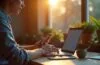 Eine warm beleuchtete, moderne Arbeitsumgebung mit einem konzentrierten Menschen vor einem Laptop und Smartphone, der aufmerksam eine E-Mail prüft, umgeben von natürlichem Tageslicht und dezenten Details wie einer Kaffeetasse und sanften Pflanzenakzenten, die Sicherheit und Achtsamkeit im digitalen Alltag ausstrahlen.