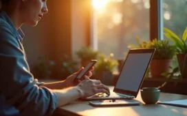 Eine warm beleuchtete, moderne Arbeitsumgebung mit einem konzentrierten Menschen vor einem Laptop und Smartphone, der aufmerksam eine E-Mail prüft, umgeben von natürlichem Tageslicht und dezenten Details wie einer Kaffeetasse und sanften Pflanzenakzenten, die Sicherheit und Achtsamkeit im digitalen Alltag ausstrahlen.