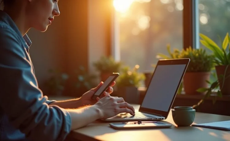 Eine warm beleuchtete, moderne Arbeitsumgebung mit einem konzentrierten Menschen vor einem Laptop und Smartphone, der aufmerksam eine E-Mail prüft, umgeben von natürlichem Tageslicht und dezenten Details wie einer Kaffeetasse und sanften Pflanzenakzenten, die Sicherheit und Achtsamkeit im digitalen Alltag ausstrahlen.