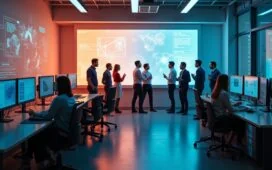 Ein hell erleuchtetes, modernes Labor mit interdisziplinär arbeitenden Forschenden in lebhafter Diskussion vor großen Bildschirmen, die komplexe KI-Daten visualisieren, wobei warmes Tageslicht durch große Fenster strömt und eine Atmosphäre von Innovation, Zusammenarbeit und zukunftsweisender Technologie erzeugt wird.