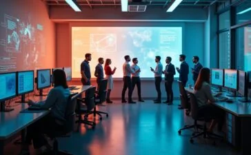 Ein hell erleuchtetes, modernes Labor mit interdisziplinär arbeitenden Forschenden in lebhafter Diskussion vor großen Bildschirmen, die komplexe KI-Daten visualisieren, wobei warmes Tageslicht durch große Fenster strömt und eine Atmosphäre von Innovation, Zusammenarbeit und zukunftsweisender Technologie erzeugt wird.