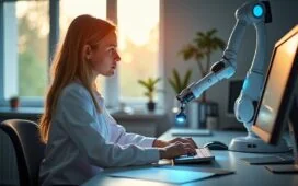 Ein warm beleuchtetes Labor mit moderner Roboterarm-Technik und einer jungen Wissenschaftlerin, die konzentriert neben hochentwickelten Geräten steht, während natürliches Tageslicht durch große Fenster fällt und eine Atmosphäre von Innovation, Hoffnung und zukunftsweisender KI-Forschung schafft.