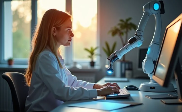 Ein warm beleuchtetes Labor mit moderner Roboterarm-Technik und einer jungen Wissenschaftlerin, die konzentriert neben hochentwickelten Geräten steht, während natürliches Tageslicht durch große Fenster fällt und eine Atmosphäre von Innovation, Hoffnung und zukunftsweisender KI-Forschung schafft.