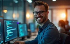 Ein freundlich lächelnder IT-Sicherheitsexperte in hellem, modernem Büro, umgeben von Bildschirmen mit leuchtenden, realistischen Grafiken, die digitale Vernetzung symbolisieren, während warmes Tageslicht durch große Fenster fällt und eine Atmosphäre von Vertrauen und Wachsamkeit schafft.